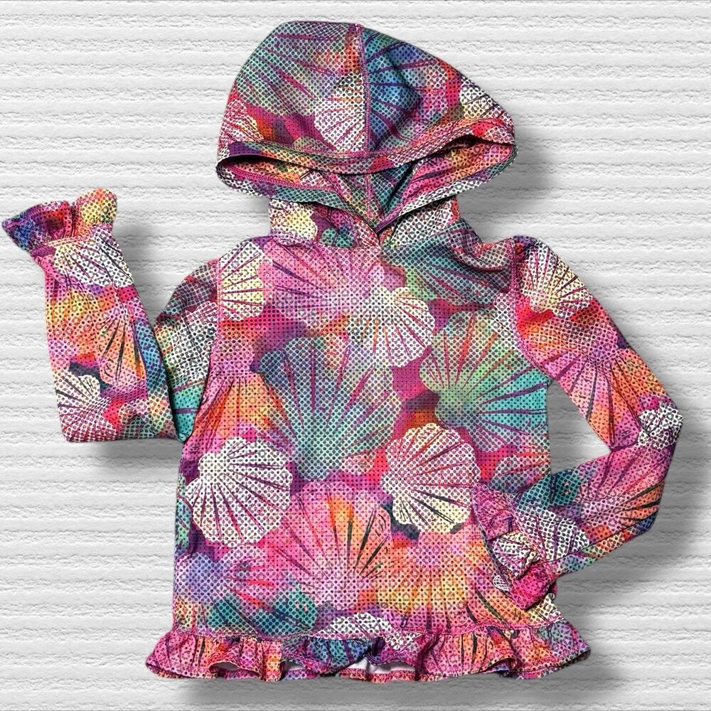 Reel Legends Size 4 Small Surf Beach Top Shirt Rash Guard Sea Shell Ruffles Hood